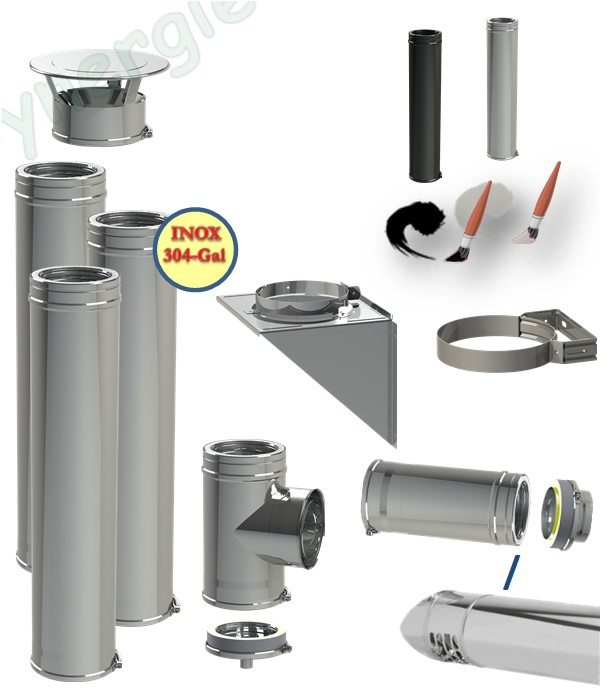 Kit Façade conduit cheminée extérieur Duoten (Isolé 25 mm), Ø 80 à 250 mm, Noir ou Inox, Raccordement simple (bois ou pellet) ou concentrique (pellet)