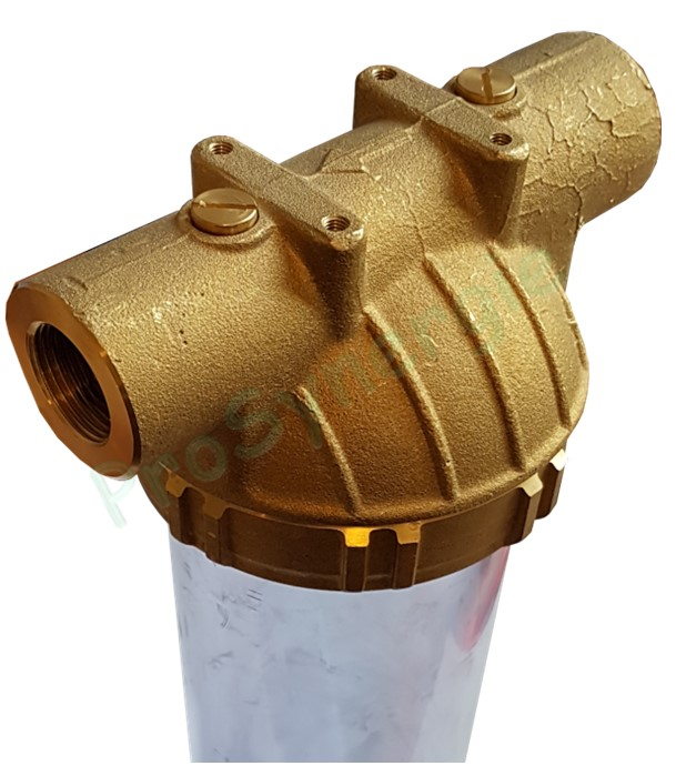 Pot à filtre pour cartouche - Tête et Ecrou bronze et Bol transparent - Raccords Ø 1´´1/2 - Hauteur 20´´ - Débit sans cartouche 12 m³