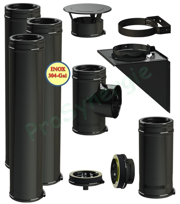 Kit conduit cheminée Extérieur Duoten (Isolé 25 mm) Øint/ext. 180/230, Finition Noir (RAL 9005), Raccord simple hauteur utile 316 cm (axe du piquage - sortie des fumées)