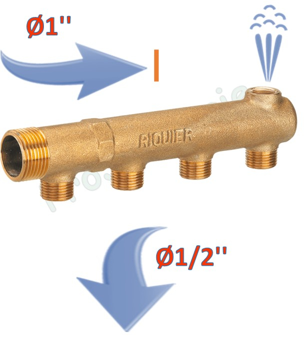 Collecteur Mâle 1´´ - Bouché avec purge 3/8´´ - 10 départs à visser M Ø 1/2´´
