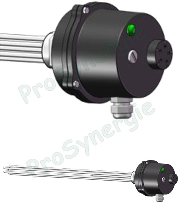 Thermoplongeur Capoté IP55 400V Tri 12KW longueur 800mm Ø 1´´1/2 (40/49) avec Thermostat Réglage 30 à 90°C et Sécurité 110°C