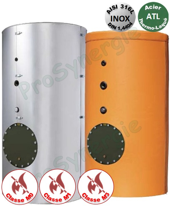 Ballon +Eco Tampon ECS 1000 Litres Vertical sur pieds ATL T<85°C -1 trous d´homme DN 400 Isolant Classe M0 ép.100mm - HxØ=2375x1000mm