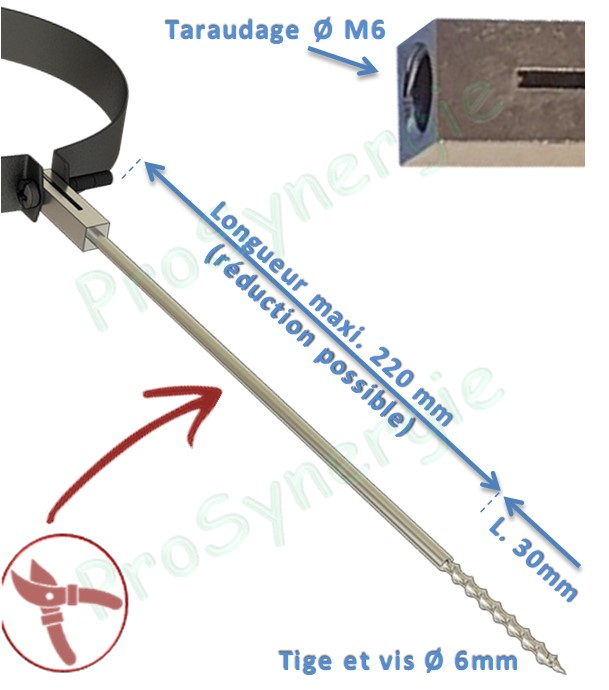 Collier de fixation avec bague noir mat Ø 97 à 230 mm + tige entretoise écartement 220mm et vis 30mm