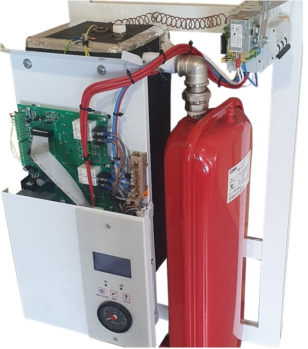 Chaudière électrique (radiateur/plancher chauffant) 24KW 400V (HxLxP= 700x385x260mm) équipé (Vase 6l, pompe, soupape, vannerie, sécurité) raccords Ø1´´ + régulateur électronique climatique