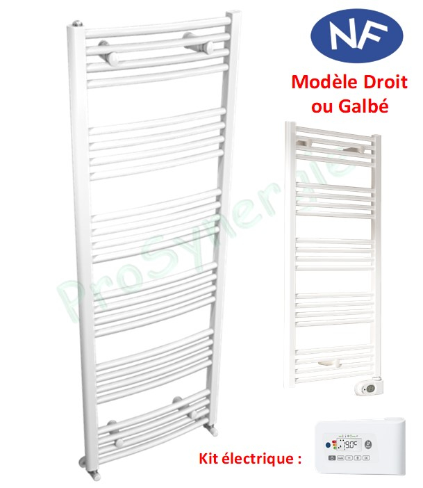 Mahana galbé - Sèche serviette tubulaire (RAL 9016) chauffage central mixte (élec.) HxL = 1238x600mm - Puissance = 598W (élec. 500W)