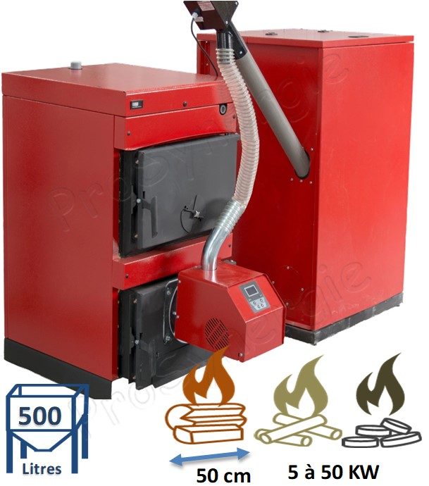 Kit Chaudière bois bûche charbon 50KW mixte avec brûleur granulés  confort  (régulation électronique intégré et vis externe d´alimentation automatique) + Silo de stockage 500 litres