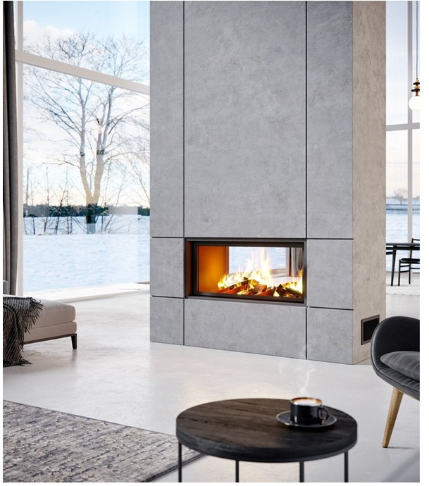 Foyer gamme Technika Horizon Recto-verso (R°eb,V°f) 1000 Noir, Dimensions hors tout HxLxP = 1528x1228x493, surface de l´âtre (LxP) = 924x250, puissance 12 à 16 kW, classe énergétique A