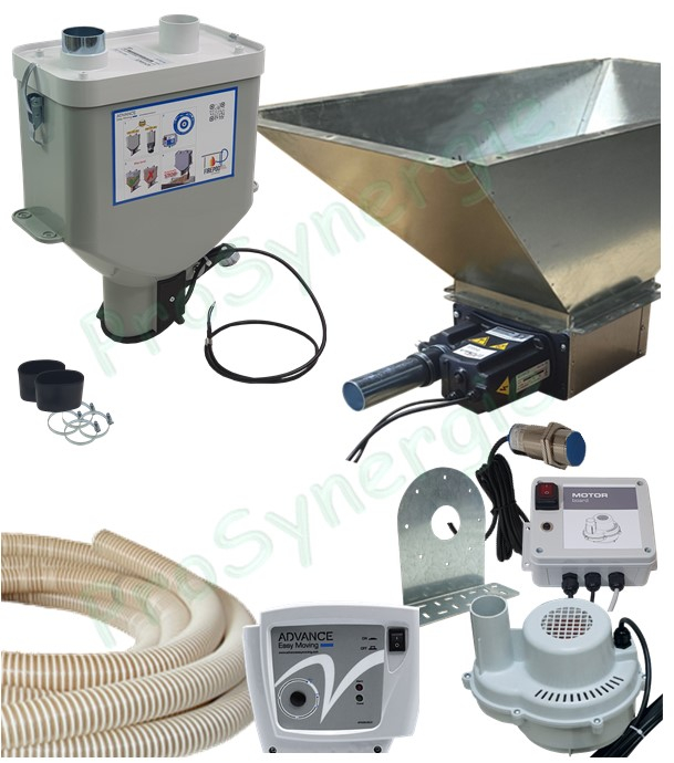 Kit Pod 90 Confort - Transfert pneumatique (granulé / pellet) cassette auto débourage + trémie 90 litres, aspirateur, doseur,capteur niveau, contrôleur + coffret protection moteur