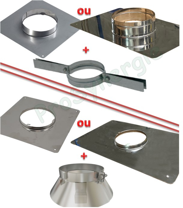 Kit accessoires pour le raccordement plafond ou mur d´un Tubage Flexible (chapeau plat, plaque d´étanchéité, collier, embout de finition et raccord)