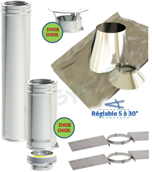 Kit S/Rampant - Conduit cheminée Isolé (Duoten) hauteur utile 1,4 mètres Int./Ext. = Inox 304 / (I 304 ou Galva) - Øint/ext 180/230mm