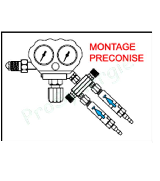 Raccord 2 voies avec robinets - Montage Détendeur - Oxygène - Entrée M16x1,5 (droite) - Sortie 2x Tuyau 6-10