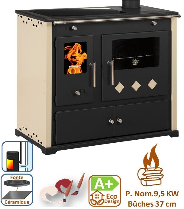 Practik Lux - Cuisinière à bois, ecodesign, classe A+, Puissance nominale 9,5 kW, Min/Max 7,5/12 kW, Rendement > 87%, LxPxH = 930x530x840, jaquette Ivoire, plateau de cuisson céramique