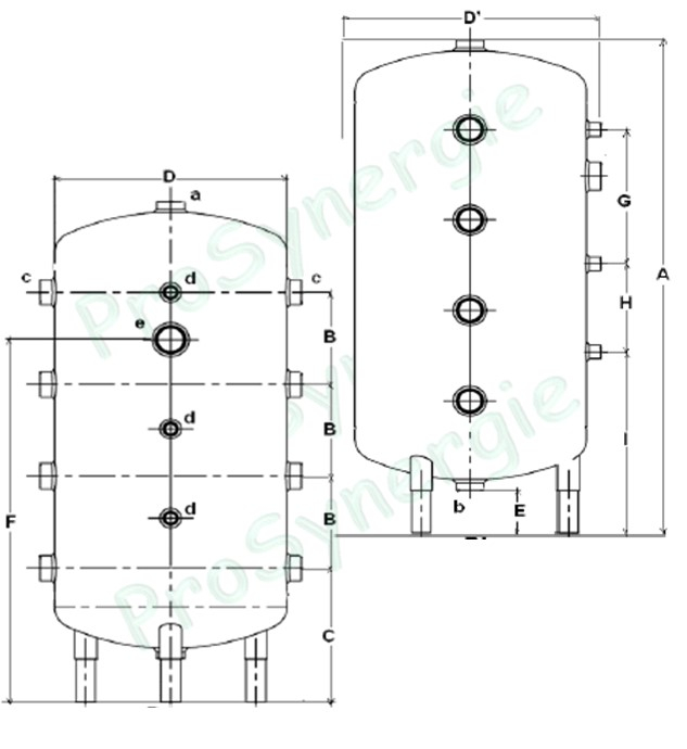 Bouteille sur pieds inox 304L jaquette skaï (chauffage et climatisation) 100 litres Isolation polyuréthane injectée ép.mm classe ERP C - 8 piquages latéraux Ø1´´1/4 (hors mesure emplacement résistance) - ØxH=450x870mm