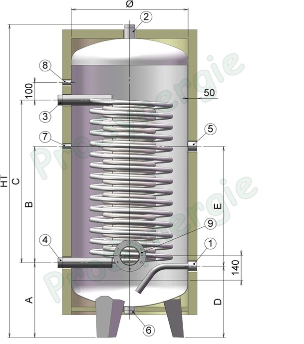 Ballon Jumbo Préparateur ECS 150 Litres Vertical / pieds Inox 316L T<95°C - 1 échangeur inox grande surface d´échange de 1,41m² ou 56 KW (90°C -> 10/55°C)  - Isolant Classe M3 ép.100mm - HxØ=1560x650mm
