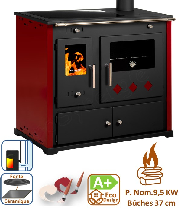 Practik Lux - Cuisinière à bois, ecodesign, classe A+, Puissance nominale 9,5 kW, Min/Max 7,5/12 kW, Rendement > 87%, LxPxH = 930x530x840, jaquette bordeaux, plateau de cuisson céramique
