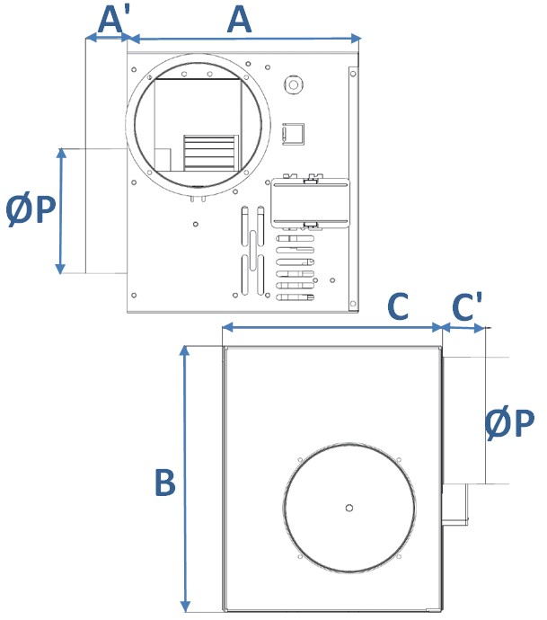 Kit Rubis de récupération d´air chaud débit max. 550 m3/h - Moteur 6 vitesses, thermostat IMIT commande radio sans fil IMIT pour gestion de la grande vitesse, caisson de filtration
