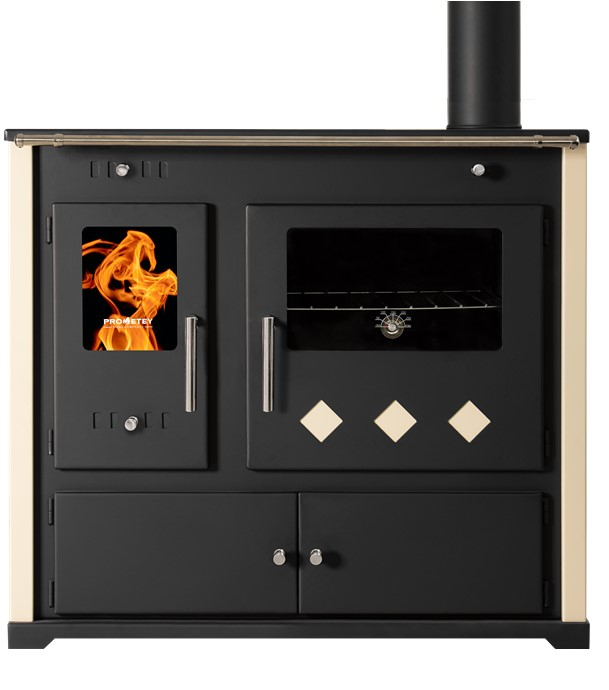 Practik Lux - Cuisinière à bois, ecodesign, classe A+, Puissance nominale 9,5 kW, Min/Max 7,5/12 kW, Rendement > 87%, LxPxH = 930x530x840, jaquette Ivoire, plateau de cuisson céramique