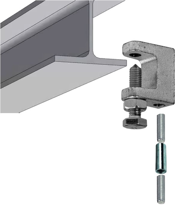 Crampon de fixation de tige filetée Ø 8 mm sur poutrelle métallique
