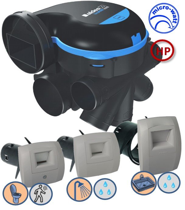 Kit VMC EasyHome Hygro Premium MicroWatt HP comprenant Moteur, Bouche cuisine elec, Salle de bain et WC + accessoires racc.