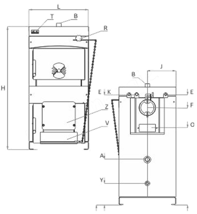 Chaudière Bois (buche L=60cm), Charbon/opt. brûleur NWB MAX 110KW (HxLxP=1285x744x1110mm) Ø fumée 200mm