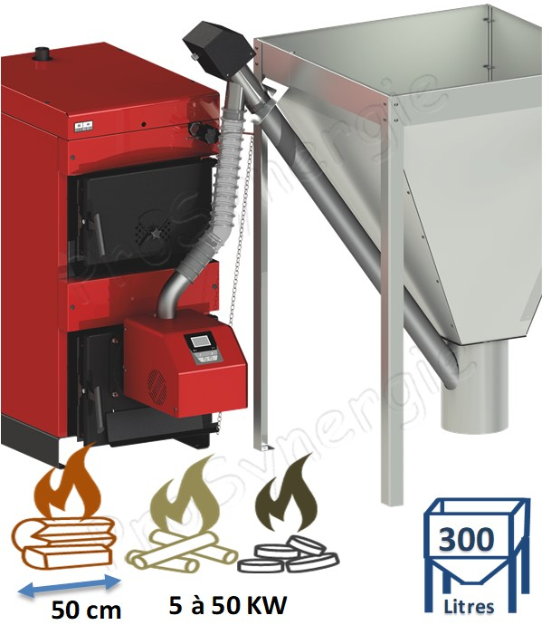 Kit Chaudière bois bûche charbon 50KW mixte avec brûleur granulés (régulation électronique intégré et vis externe d´alimentation automatique) + Silo de stockage 300 litres