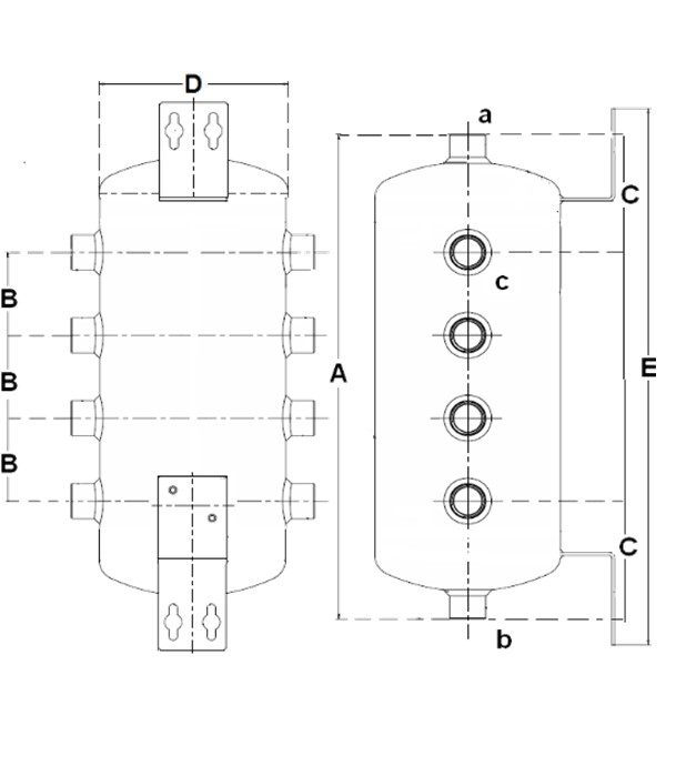 Bouteille murale acier jaquette skaï (chauffage et climatisation) 25 litres Isolation polyuréthane injectée ép.35mm classe ERP C - 8 piquages latéraux Ø1´´1/4 (hors mesure emplacement résistance) - ØxH=290x790mm