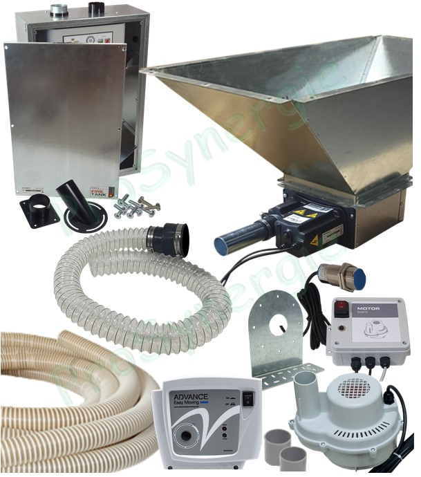 Kit Pod' 90 Confort - Transfert pneumatique (granulé / pellet) cassette auto débourage + trémie 90 litres, aspirateur, doseur encastrable, capteur niveau, contrôleur + coffret protection moteur