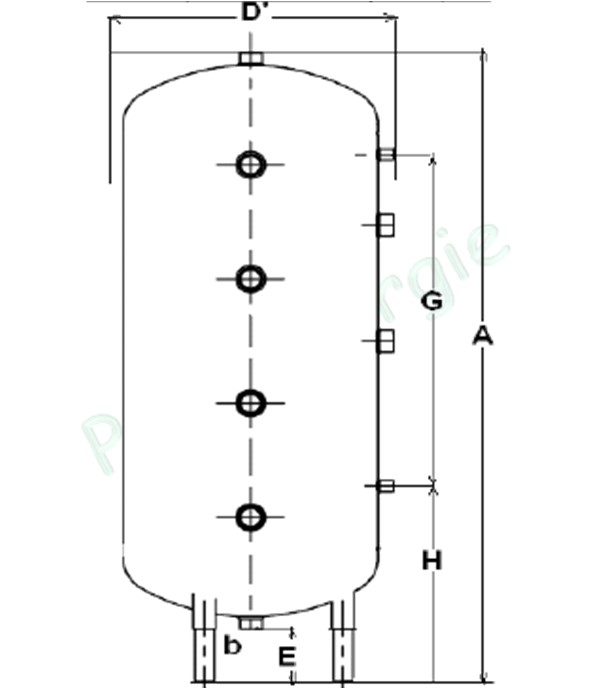 Bouteille sur pieds acier jaquette skaï (chauffage) 500 litres Isolation polyuréthane injectée ép.50mm classe ERP C - 8 piquages latéraux Ø2´´ (hors mesure emplacement résistance) - ØxH=750x1816mm
