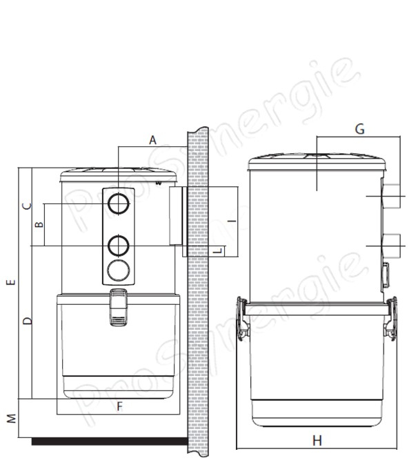 Centrale d´aspiration Nova 2 230 Vac 1300 W 234 m3/h dimensions ØxH = 340x600 mm réservoir 18 litres aspiration/refoulement Ø 50 mm - transfert granulés/pellet/copeaux