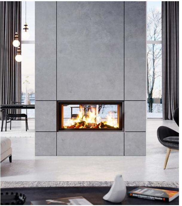 Foyer gamme Technika Horizon Recto-verso (R°eb,V°f) 1000 Noir, Dimensions hors tout HxLxP = 1528x1228x493, surface de l´âtre (LxP) = 924x250, puissance 12 à 16 kW, classe énergétique A