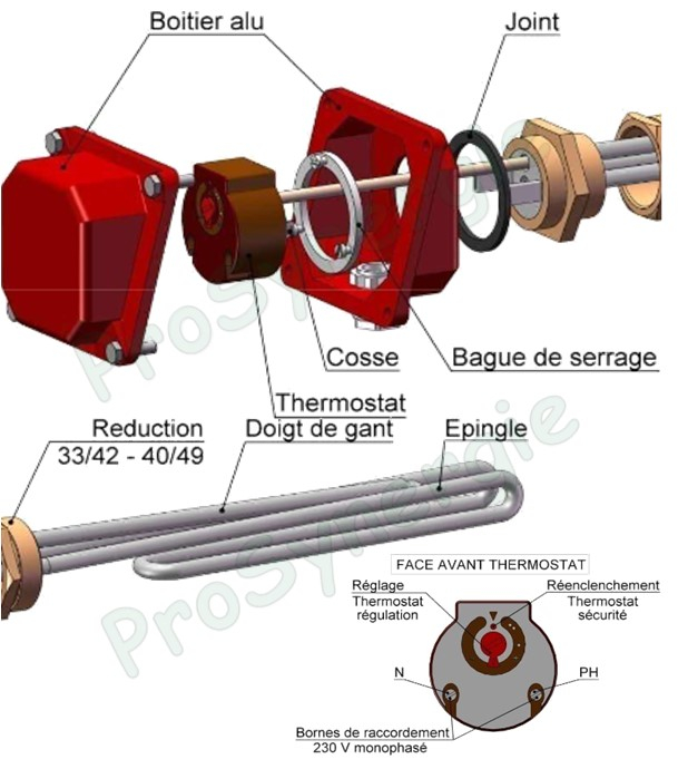 Kit Thermoplongeur Capoté IP55 230V Mono 2KW Ø 1´´1/4 (33/42) avec adaptateur réduit 1´´1/2 (40/49) + Thermostat canne embrochable Réglage 0 à 90°C et Sécurité 83°C