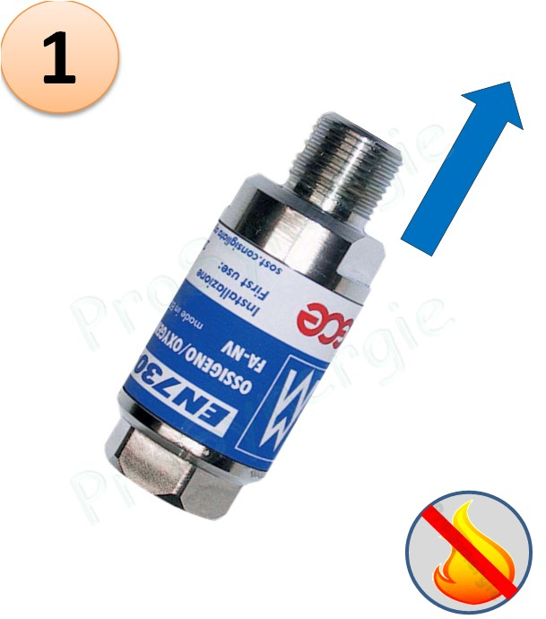 Raccord anti-retour pare flamme SafeGuard 2 - Montage Détendeur - Oxygène - Entrée 3/8´´ Femelle (droite) - Sortie 3/8´´ Mâle (droite)