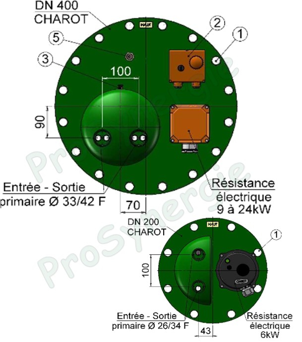 Kit réchauffeur mixte bride ATL T<85°C DN 400 : Thermoplongeur 230/400V TRI 15KW (prévoir discontacteur puissance) + Réchauffeur tubulaire 37KW (primaire 90/70°C secondaire 10/60°C