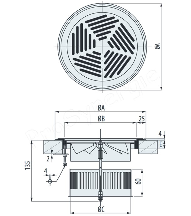 BSJH - Diffuseur de sol rond aluminium pour Diffusion d´air horizontale Couronne Ø190 mm - grille 140 mm