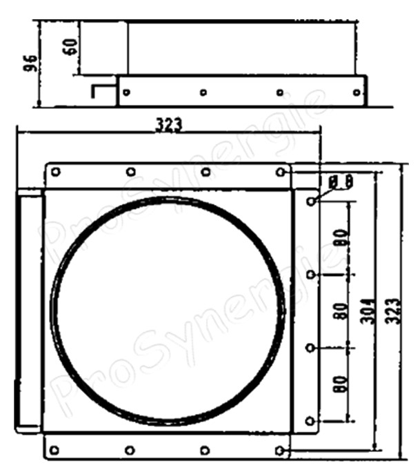Adaptateur casette LxLxEp.= 323x323x35mm raccord circulaire silo toile Ø 300mm + collier avec registre ´´guillotine´´ intégré