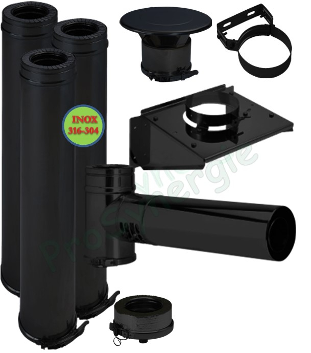 Kit conduit cheminée Extérieur Duoten (Isolé 25 mm) Øint/ext. 100/150, Finition Noir (RAL 9005), Raccord concentrique hauteur utile 311 cm (axe du piquage - sortie des fumées)