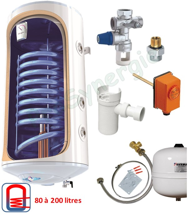 Chauffe eau sanitaire mixte Vertical Mural 80 litres (résistance électrique blindé 230V + échangeur chauffage) + kit accessoires (vase sanitaire 5 litres, groupe de sécurité, régulation et fixation)