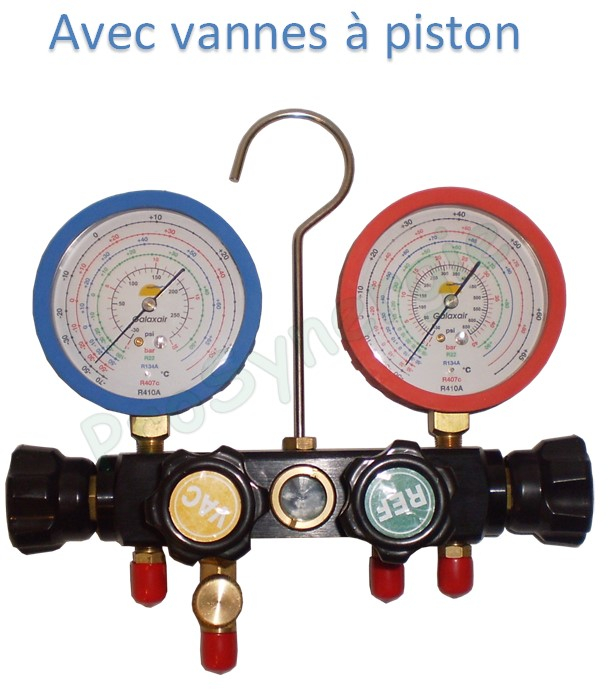 Manifold 4 Voies à piston - Manomètre Ø80 antipulsation - Gaz R32, R407C, R410A