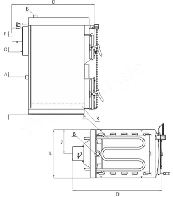 Chaudière Bois (buche L=60cm), Charbon/opt. brûleur NWB MAX 70KW (HxLxP=1285x624x1110mm) Ø fumée 200mm