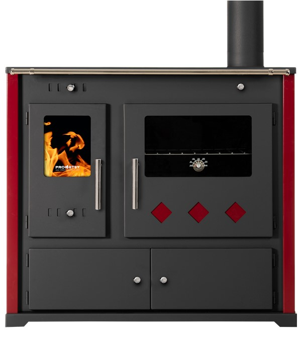 Practik Lux - Cuisinière à bois, ecodesign, classe A+, Puissance nominale 9,5 kW, Min/Max 7,5/12 kW, Rendement > 87%, LxPxH = 930x530x840, jaquette bordeaux, plaques de cuisson fonte