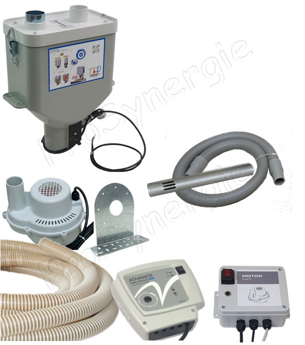 Kit Pod Eco Poêle & Insert - Transfert pneumatique (granulé / pellet) tube suceur, aspirateur, doseur, contrôleur + coffret protection moteur