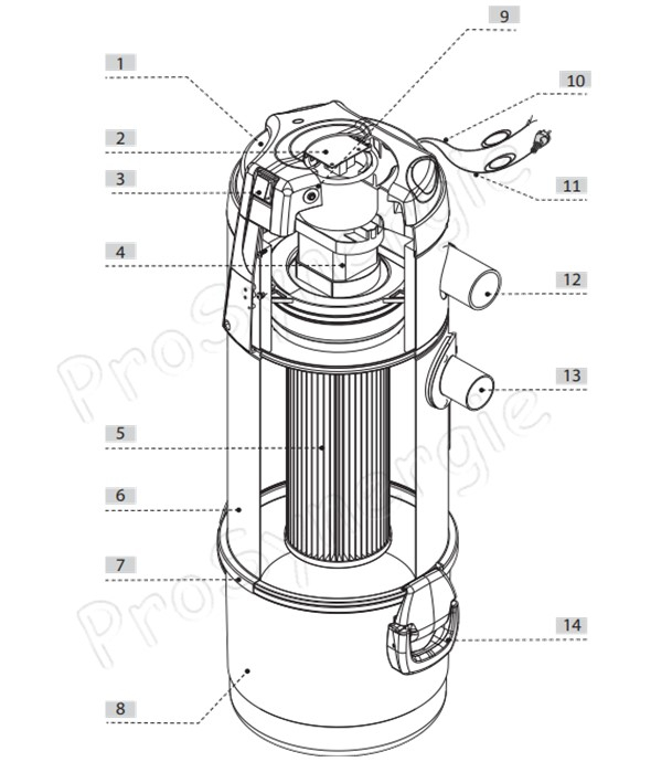 Centrale d´aspiration Nova 1 (230 Vac 1800 W) 225 m3/h dimensions ØxH = 363x906 mm réservoir 18 litres double aspiration + refoulement Ø 50 mm - transfert granulés/pellet/copeaux