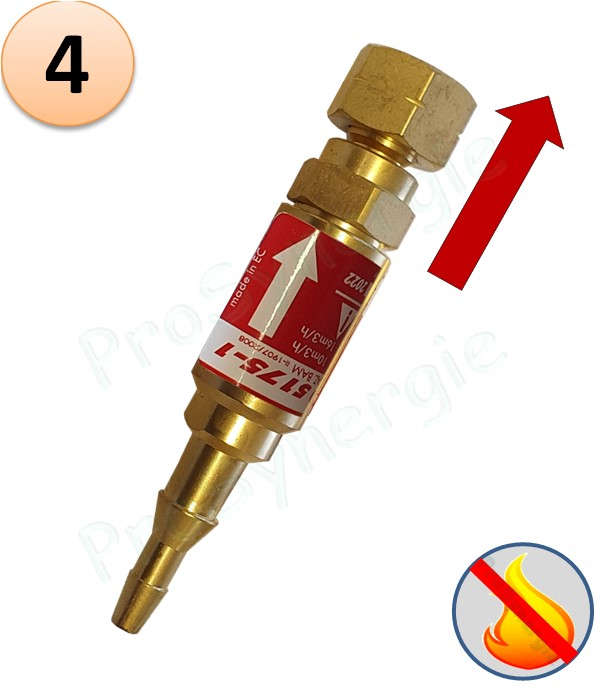 Raccord anti-retour pare flamme SafeGuard 2 - Montage Chalumeau - Gaz combustible - Entrée Tuyau 6-10 - Sortie 1/4´´ (gauche)