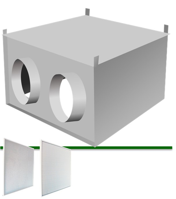 PGBV N - Plénum Pour grille de reprise d´air porte-filtre à charnière Pour demi-dalle 600x600 mm Piquage vertical  Ø200 mm, Nu, hauteur 210 mm
