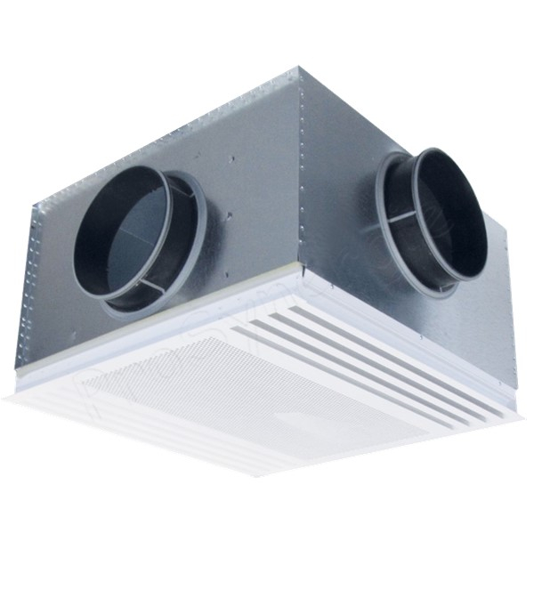 DPSR - Diffuseur-dalle (594x594) avec plénum intégré pour soufflage et reprise d´air combinés 2 directions, 4 fente(s), Plénum non isolé, piquages pour flexibles Ø200 mm, Hauteur 350 mm