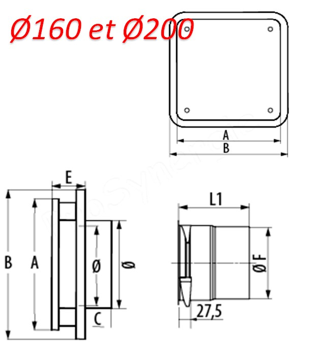 Bouche avec volet de réglage 4 voies - VMC Design Carrée Plate (Soufflage / Aspiration) Ø 160 mm (sans manchette)