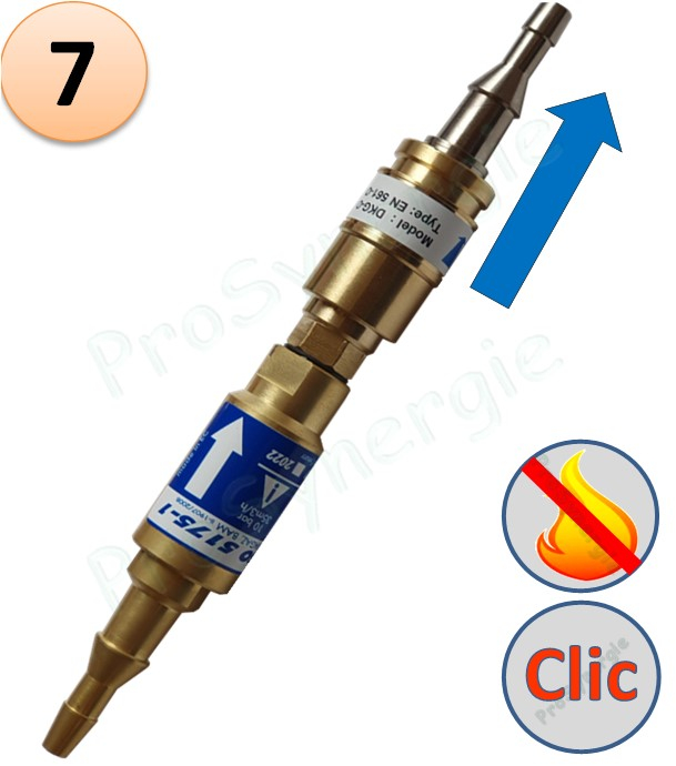 Raccord anti-retour pare flamme SafeGuard 2 + Raccord rapide Stoptac - Montage Tuyau - Oxygène - Entrée Tuyau 6-10 - Sortie Tuyau 6-10