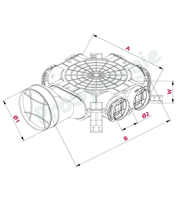 Caisson de répartition axe horizontal, Ø160, 6 bouches Ø75 pour réseaux de ventilation rond type Optiflex