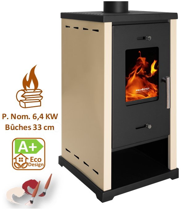Eko Mini - Poêle à bois ecodesign, classe A+, 9 kW, rendement > 82%, KxPxH = 440x470x780, jaquette Ivoire