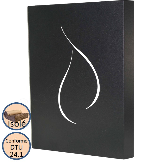 Plaque murale de protection (arrière du poêle) laqué noir (RAL 2100 sable) avec motifs flammes largeur x hauteur = 860 x 1200 mm - isolée en laine de roche avec lame d´air